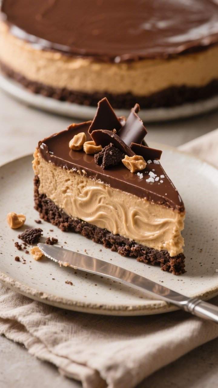Close-up detail of a single sliced wedge plated, showcasing layers: firmly packed chocolate cookie c