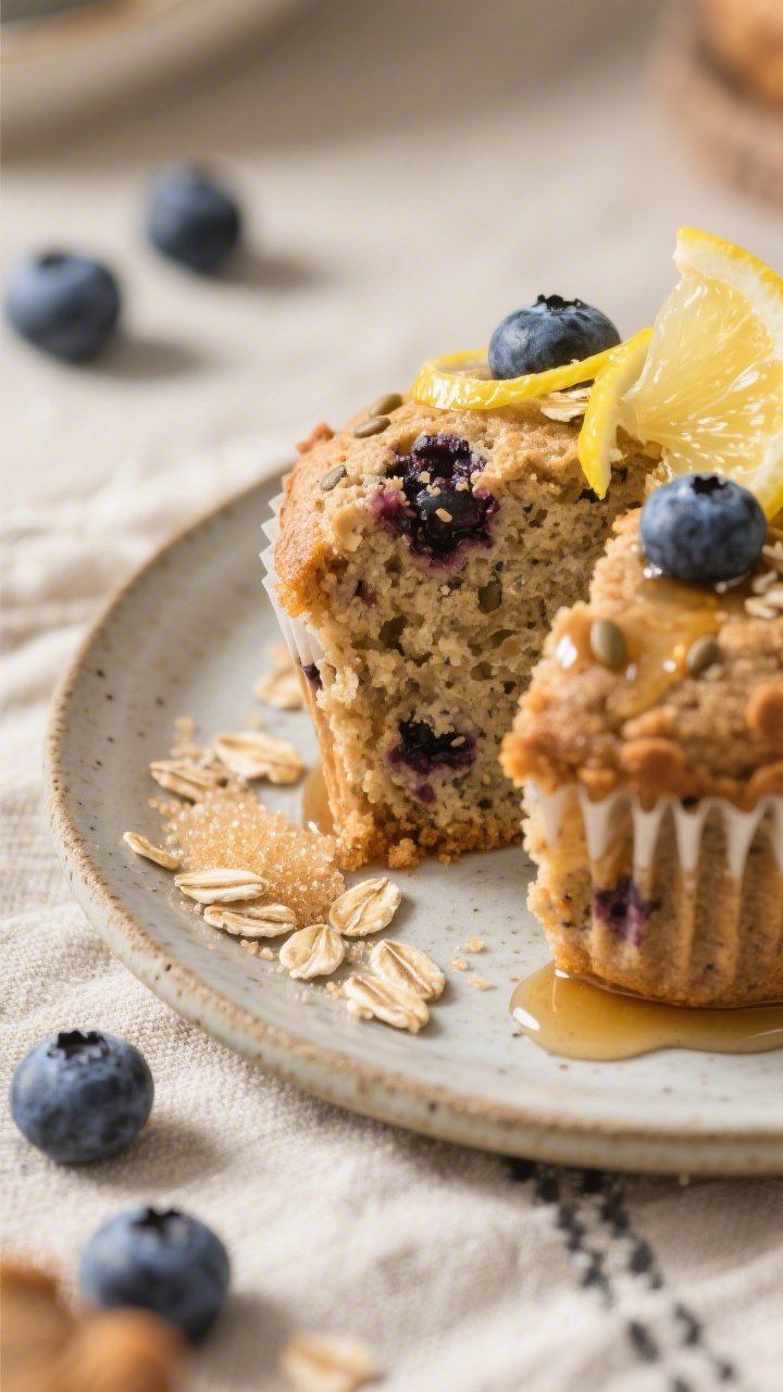 Close-up detail of a sliced blueberry lemon variation muffin on a small stoneware plate, showing a m