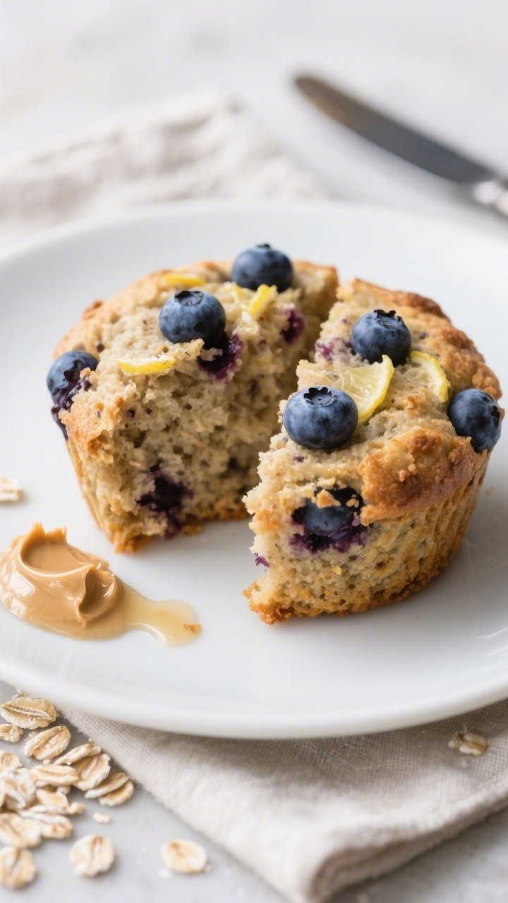 Close-up detail of a split healthy blueberry muffin on a matte white plate, interior crumb tender an