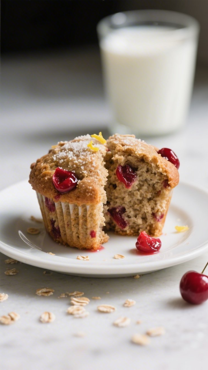 Close-up detail of a split healthy cherry muffin on a small white plate, showing a moist, tender who