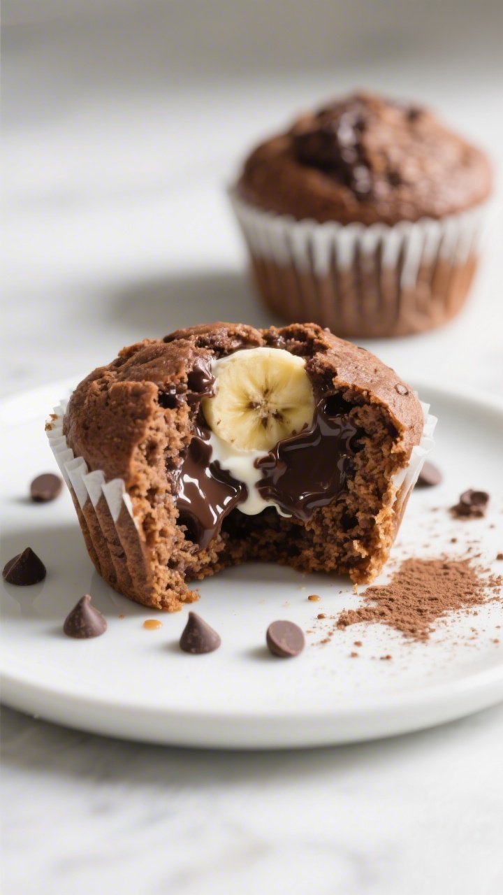 Close-up detail of a split-open chocolate banana muffin on a matte white plate, interior crumb in sh