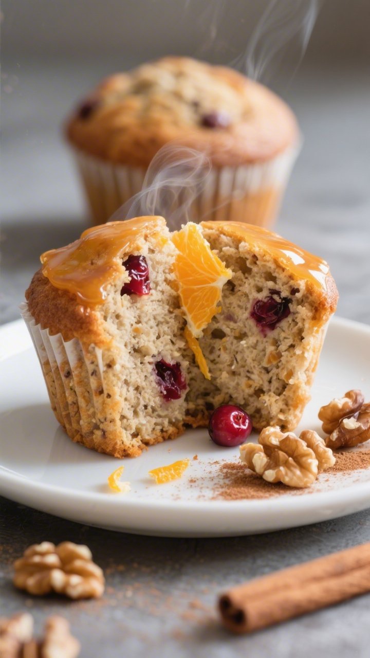 Close-up detail of a split-open cranberry orange muffin on a small white plate, interior crumb moist
