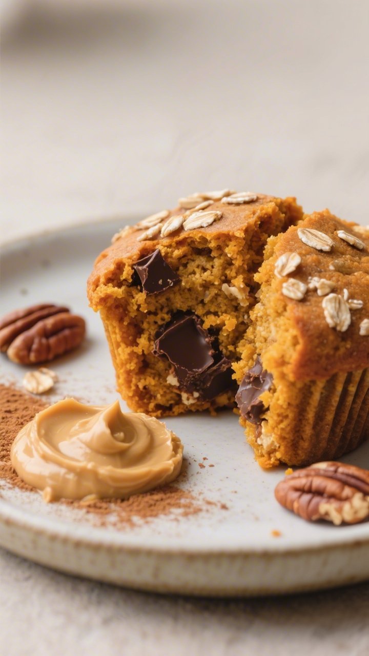 Close-up detail of a split-open flourless pumpkin muffin on a small ceramic plate, revealing a moist