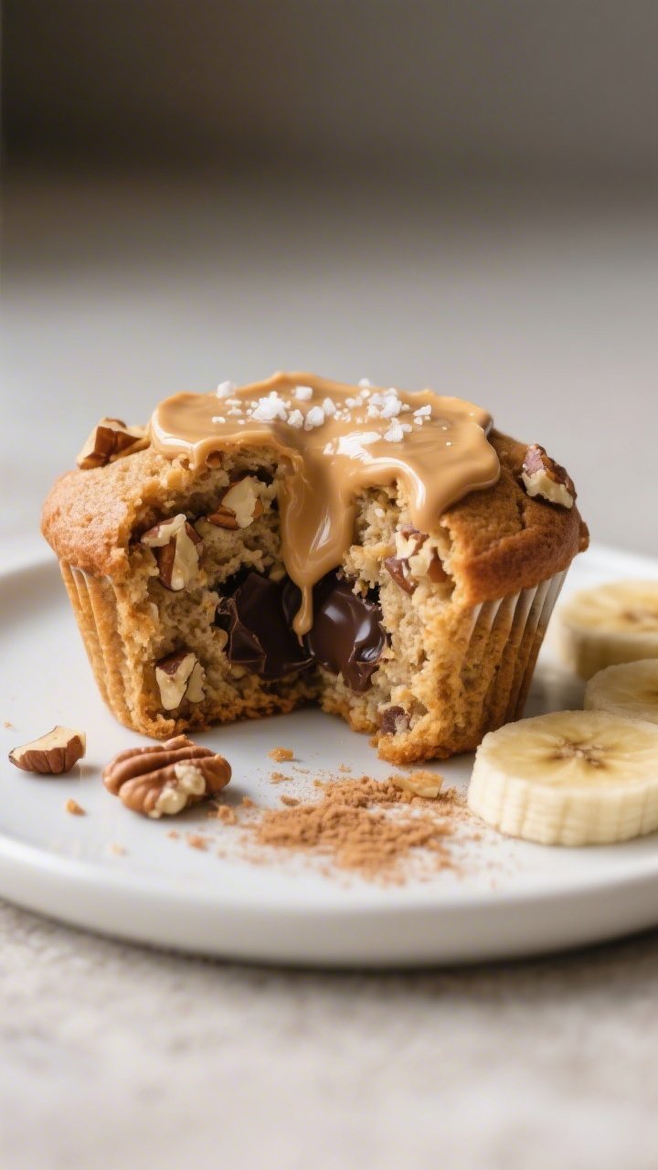 Close-up detail of a split-open peanut butter banana muffin on a small matte white plate, revealing 