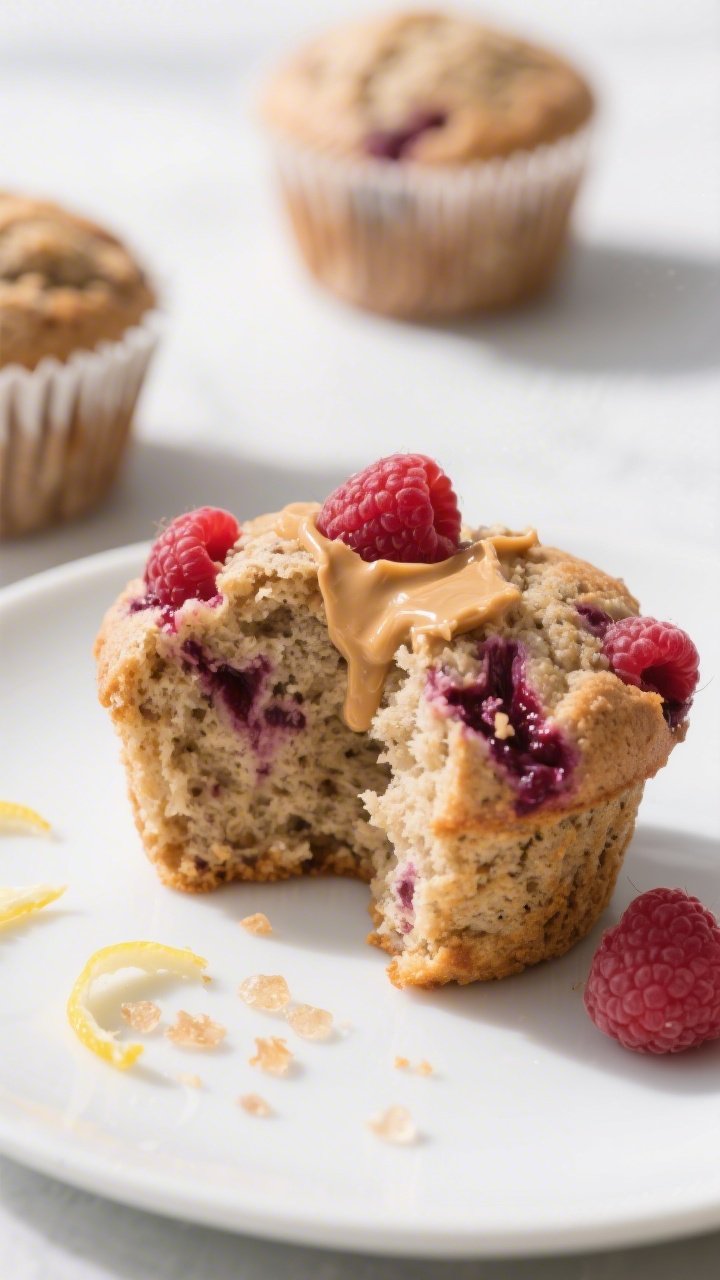 Close-up detail of a split-open raspberry muffin on a matte white plate, interior crumb soft and spe