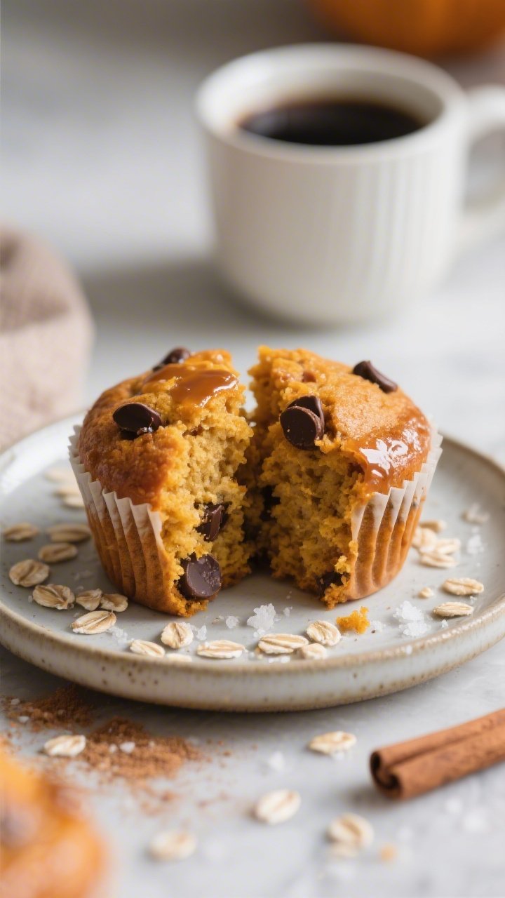 Close-up detail of a split pumpkin oat muffin on a small ceramic plate, interior crumb in sharp focu