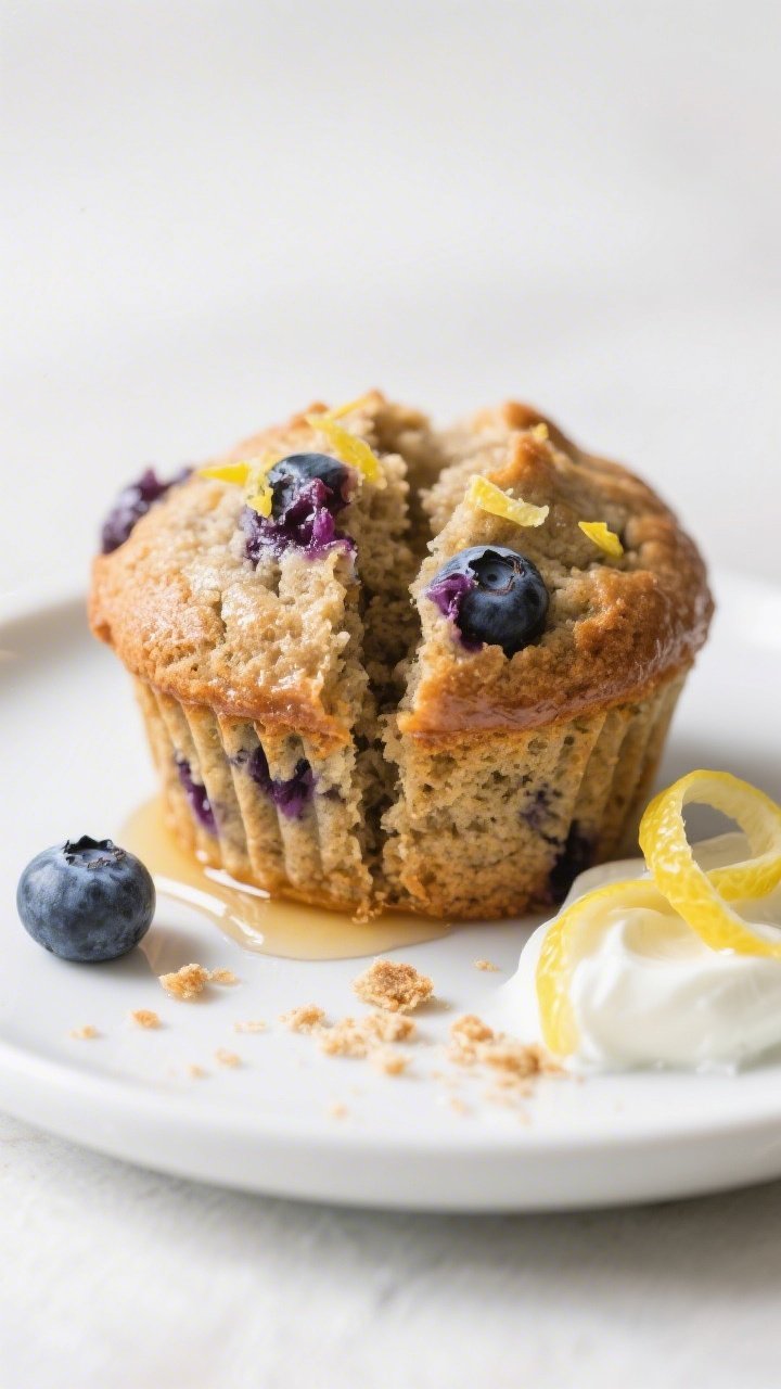 Close-up detail of a split, steam-kissed lemon blueberry muffin on a small white plate, tender whole