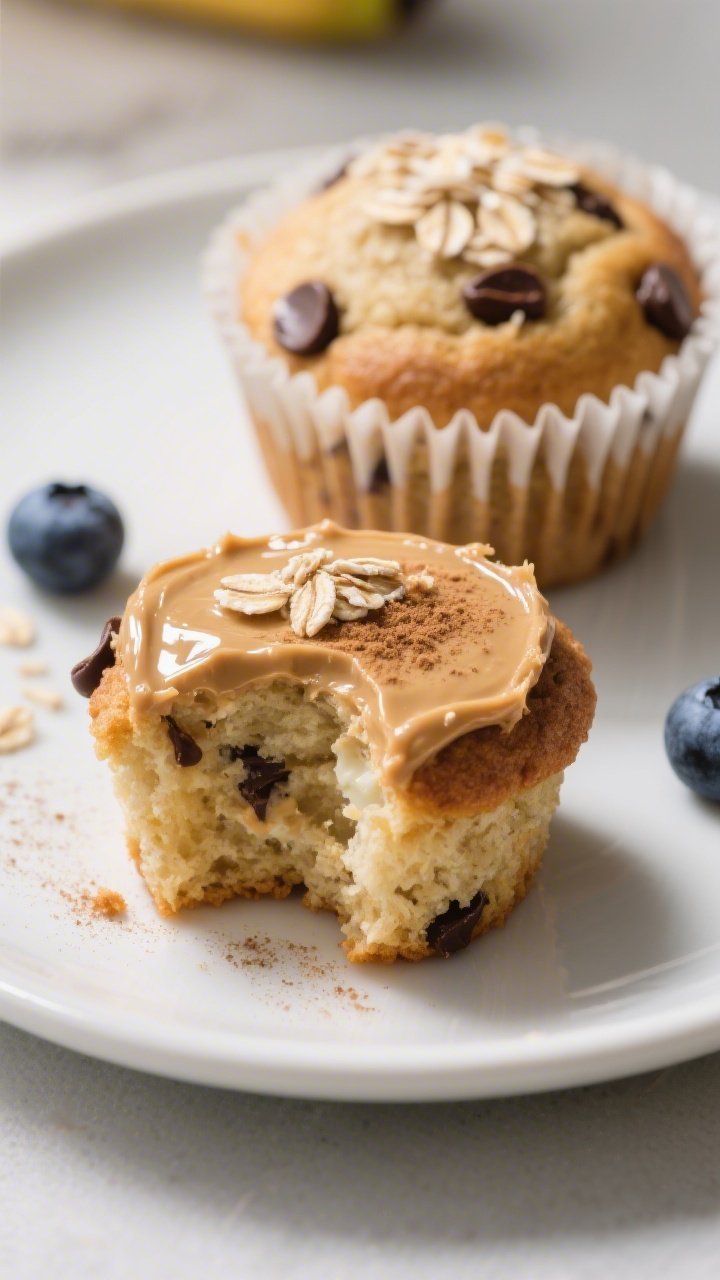 Close-up detail of a split warm banana muffin slathered with creamy peanut butter, showing ultra-moi