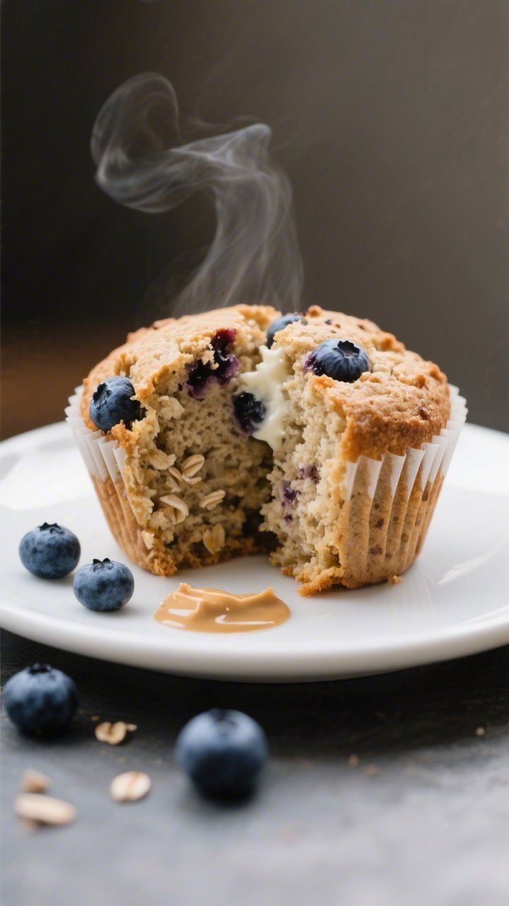 Close-up detail of a split warm blueberry muffin on a small white plate, interior crumb showing whol