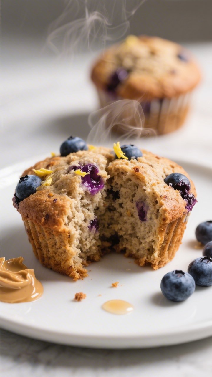 Close-up detail of a split warm blueberry muffin on a matte white plate, steam subtly rising, showin