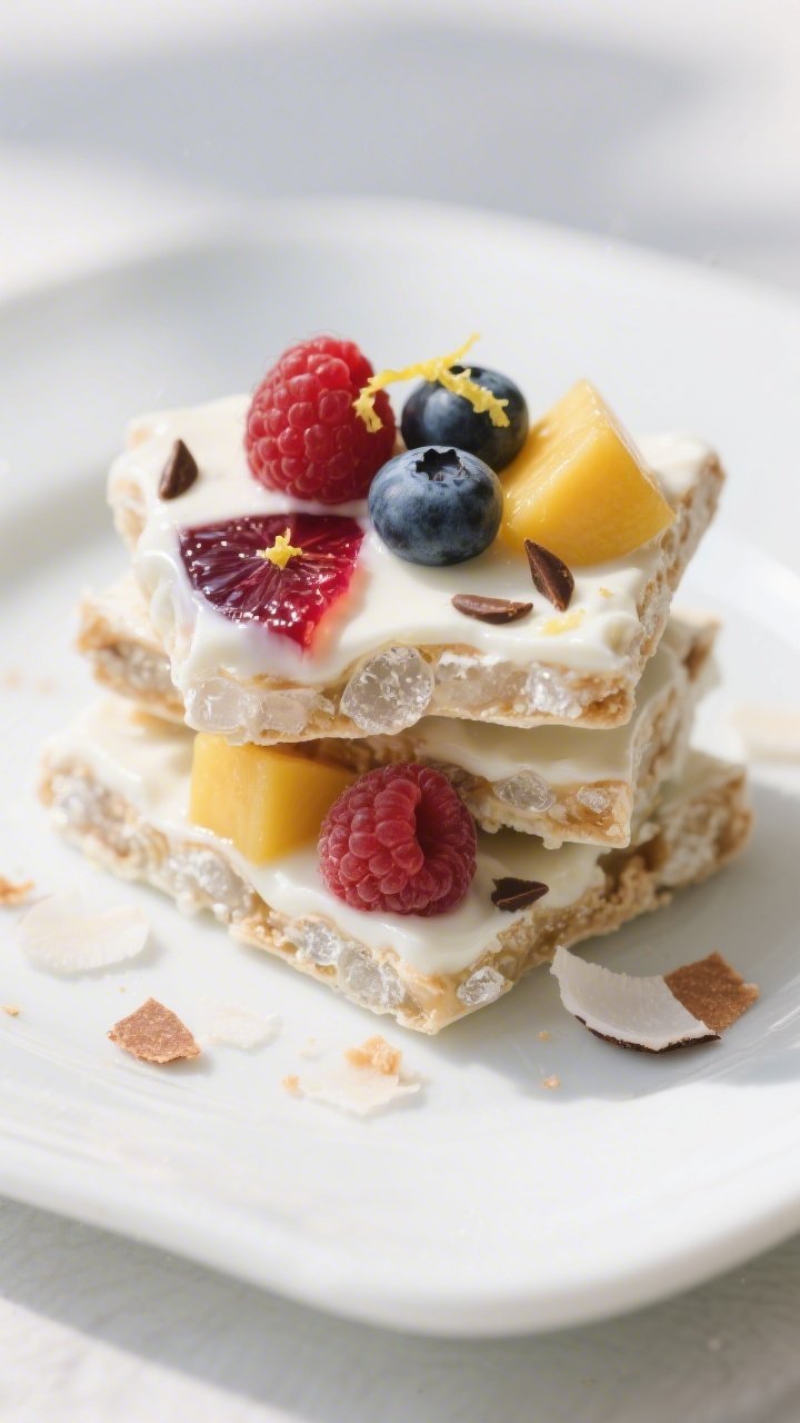 Close-up detail of final plated yogurt bark pieces stacked on a white ceramic plate, showcasing glos
