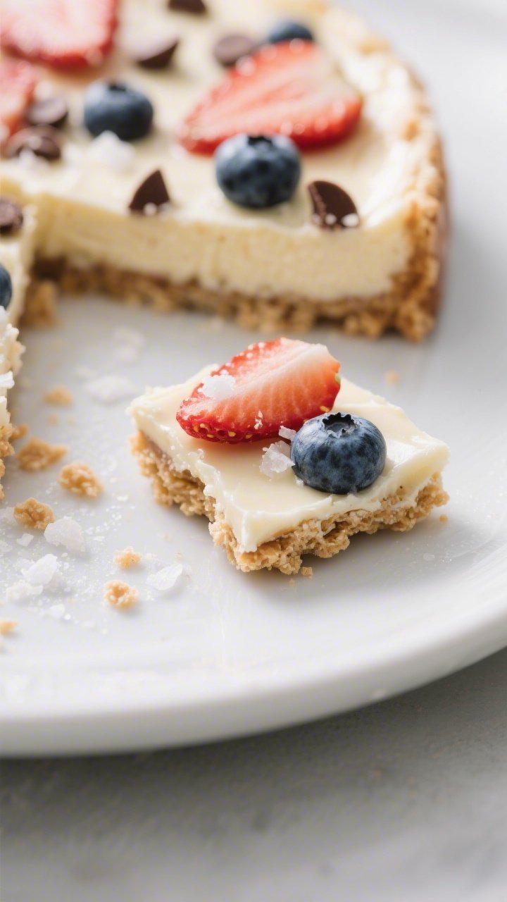 Close-up detail of finished cheesecake bark shards on a matte white plate: focus on one broken piece