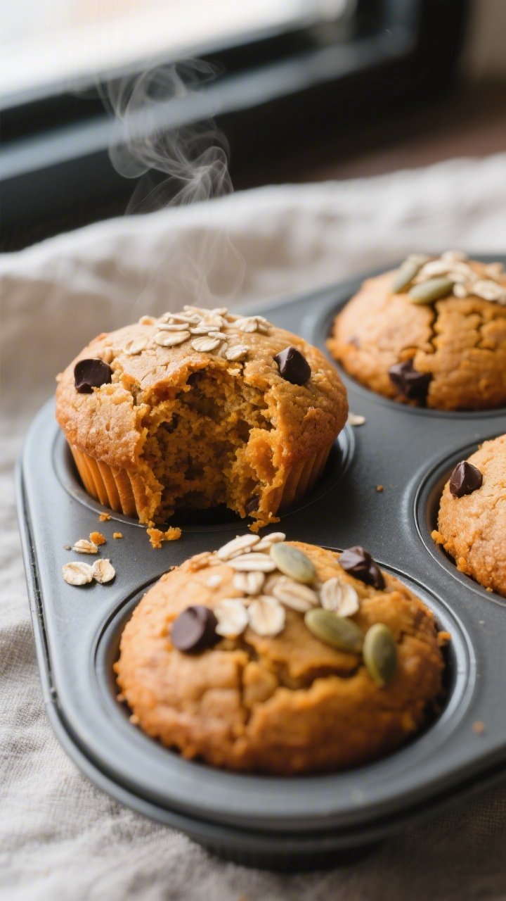 Close-up detail of freshly baked healthy pumpkin muffins just out of the tin, warm and steaming, gol