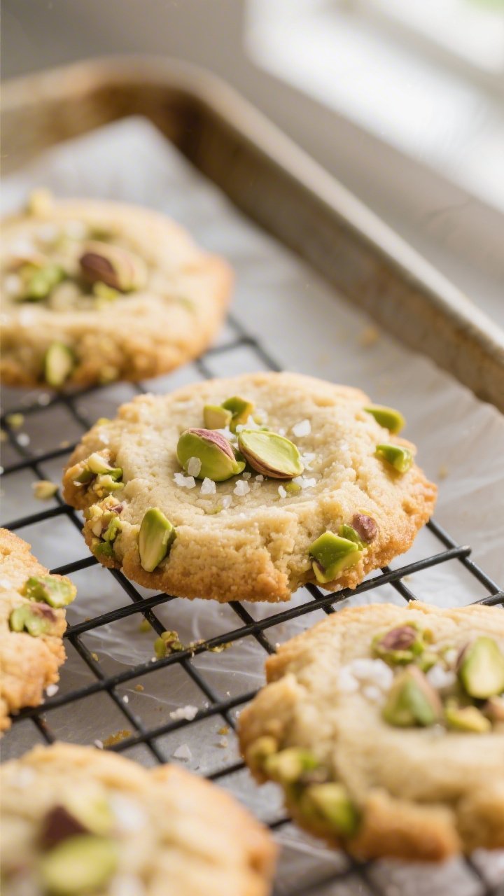 Close-up detail of freshly baked keto pistachio cookies cooling on a wire rack, edges lightly golden