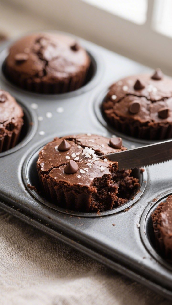 Close-up detail of freshly baked mini brownie bites just out of a mini muffin pan, tops slightly glo