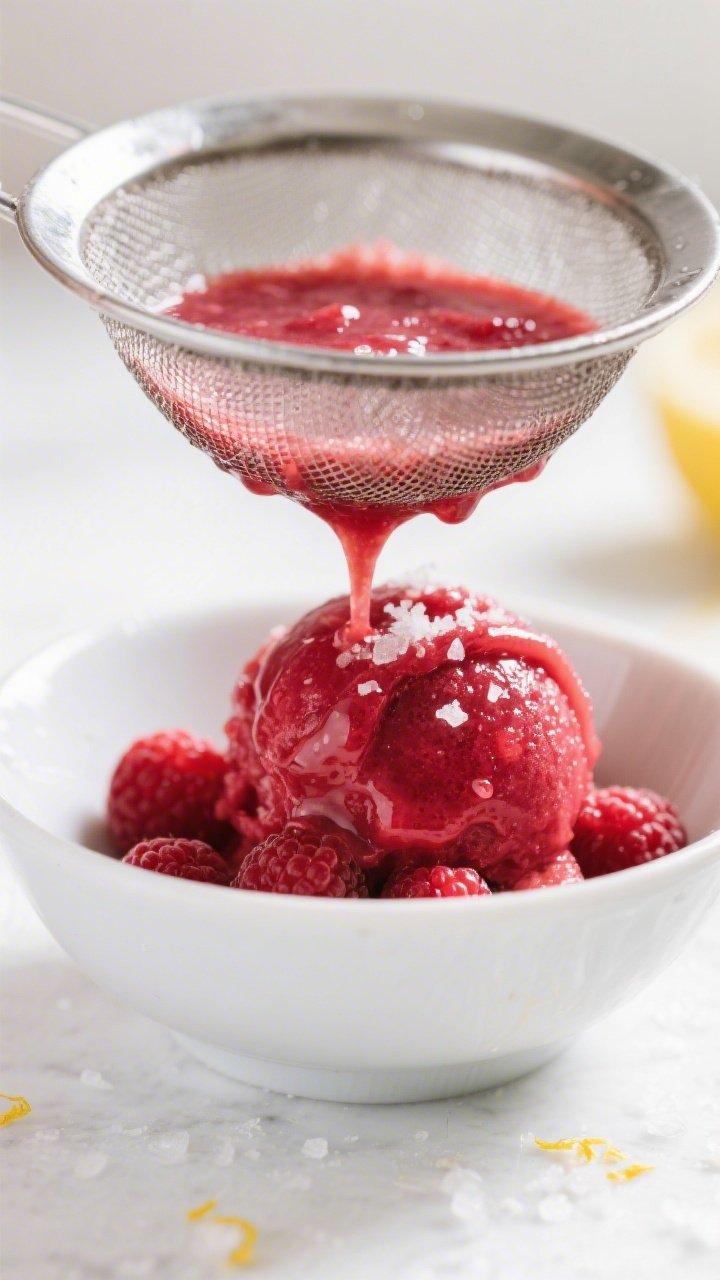 Close-up detail of freshly blended raspberry sorbet being pressed through a fine-mesh sieve into a c