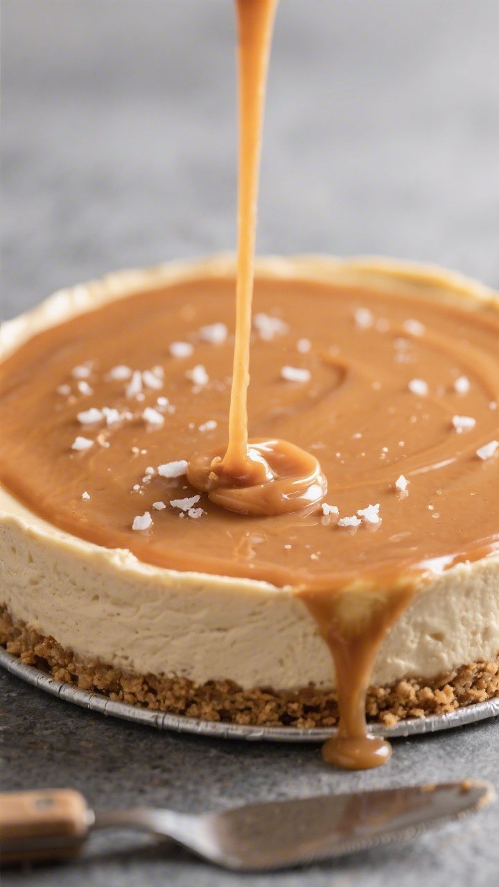 Close-up detail of the no-bake caramel cheesecake just after caramel topping is poured: glossy, warm