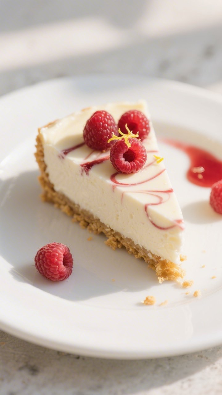 Close-up detail of the no-bake raspberry white chocolate cheesecake slice just after unmolding: silk
