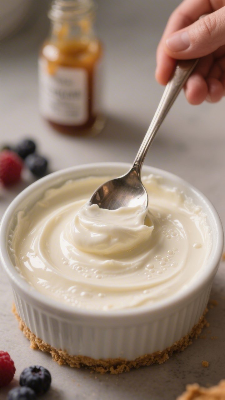 Close-up detail of the prepared cheesecake mixture being smoothed in a ramekin during assembly, show