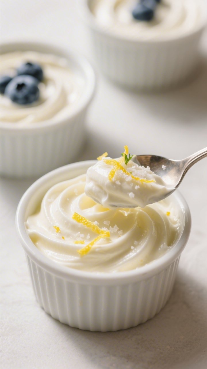 Close-up detail of the whisked lemon-yogurt-cream-cheese mixture just after setting, silky and spoon