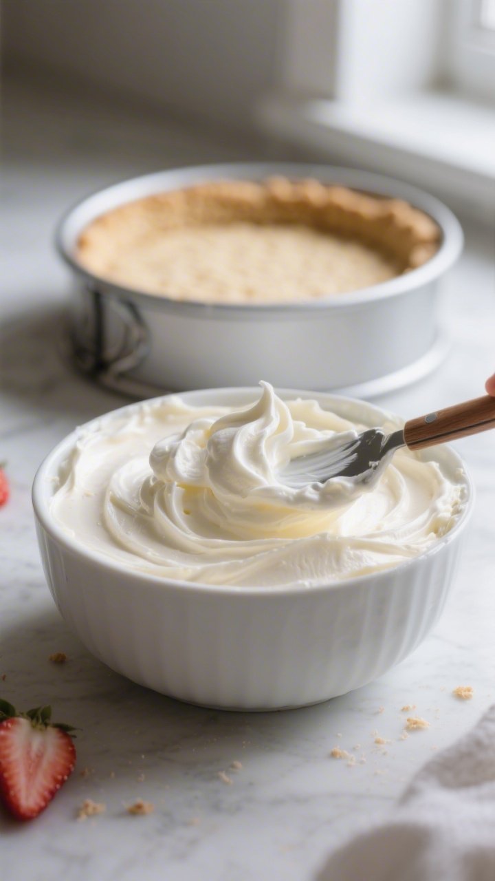 Close-up detail/process: Folding whipped cream into the cream-cheese mixture for the no-bake strawbe