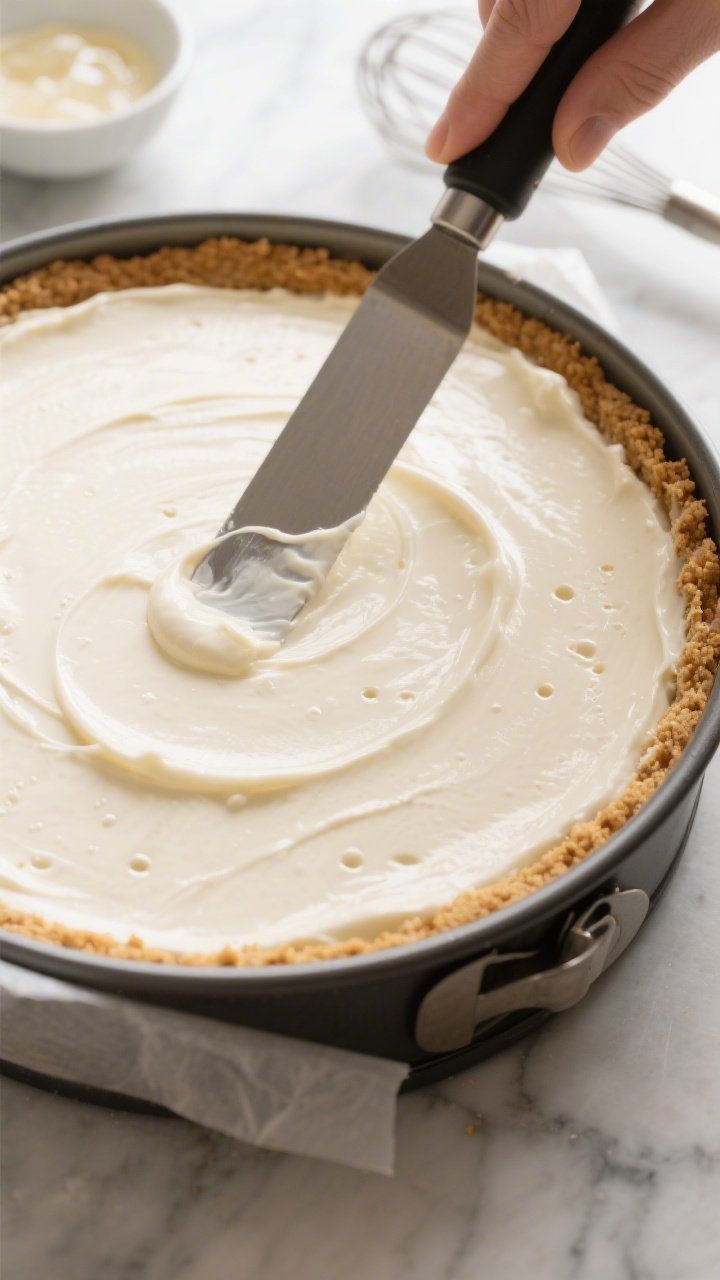 Close-up detail/process shot: A 9-inch springform pan filled with the prepared no-bake cheesecake ba