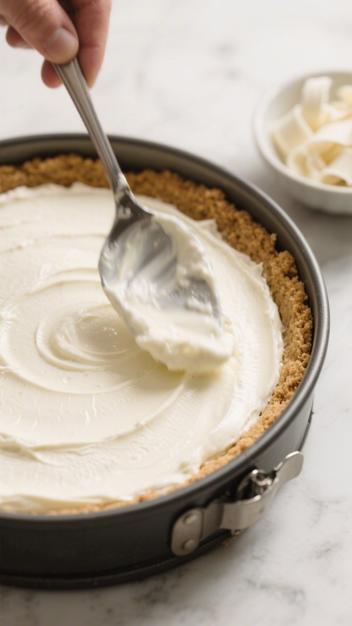 Close-up detail/process shot: A 9-inch springform pan filled with a freshly pressed graham/digestive