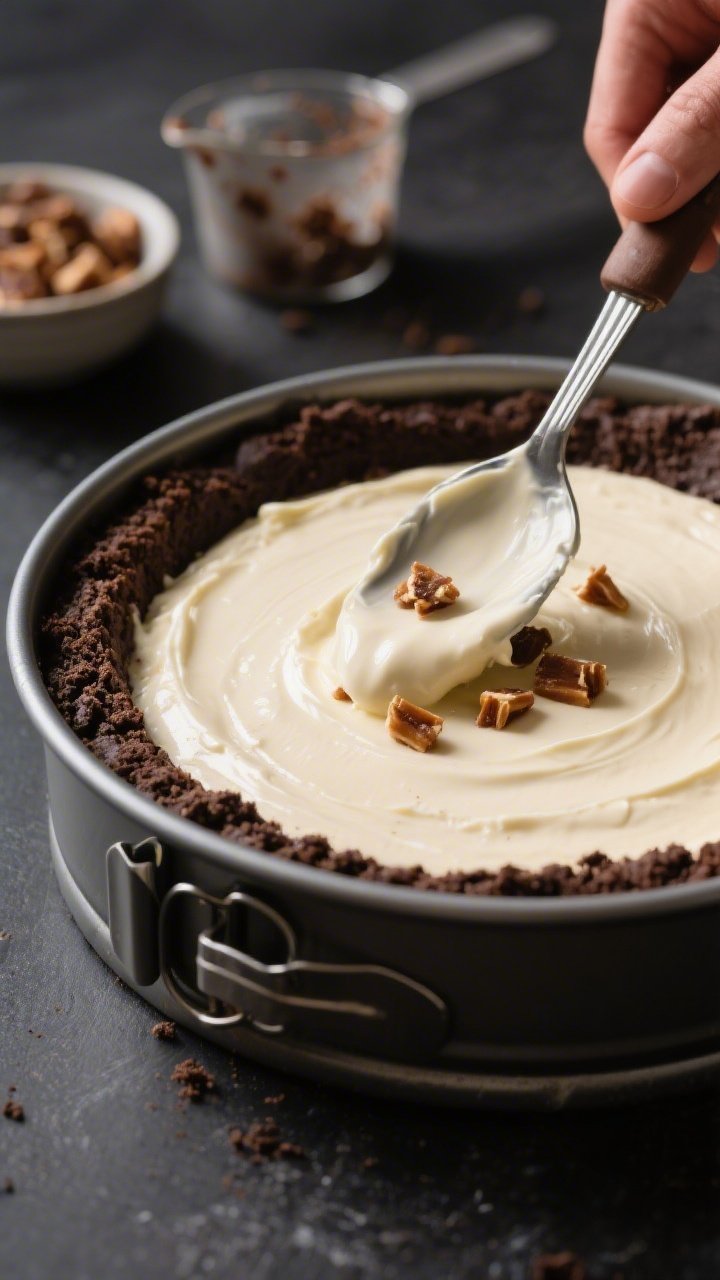 Close-up detail, process shot: A chilled 9-inch springform pan with the compacted chocolate cookie c