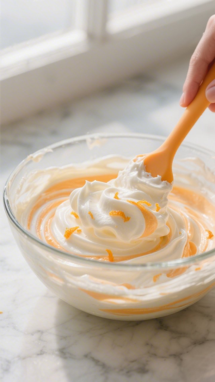 Close-up detail, process shot: A glass mixing bowl filled with the prepared orange-vanilla creamsicl
