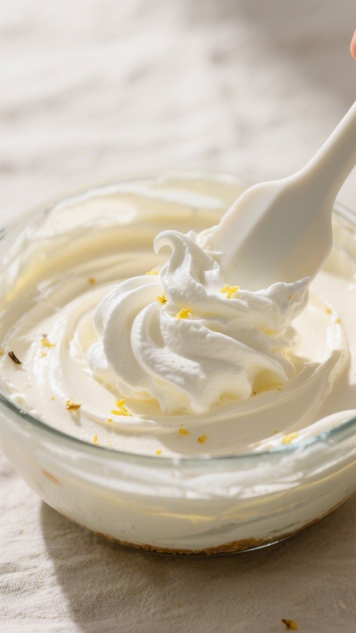 Close-up detail/process shot: A glossy, velvety no-bake cheesecake dip mid-prep in a glass mixing bo