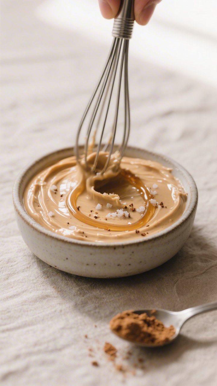 Close-up detail, process shot: A small ceramic bowl of freshly mixed peanut butter Greek yogurt dip 