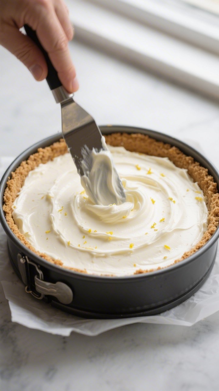 Close-up detail/process shot: Chilled graham cracker crust in a 9-inch springform pan being filled w