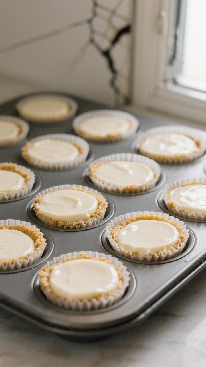 Close-up detail/process shot: Mini cheesecake cups just out of the oven in a 24-cavity mini muffin p