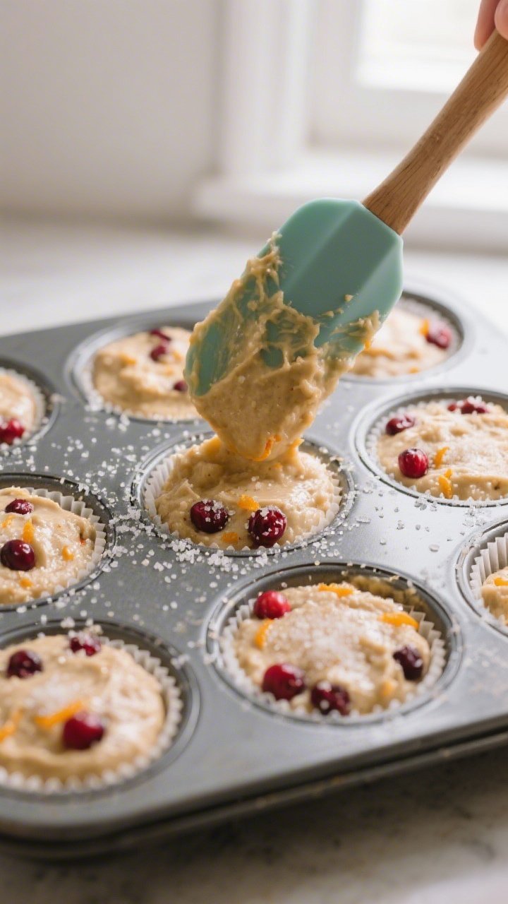 Close-up detail/process shot: Muffin batter being portioned into a lined 12-cup muffin tin, each wel
