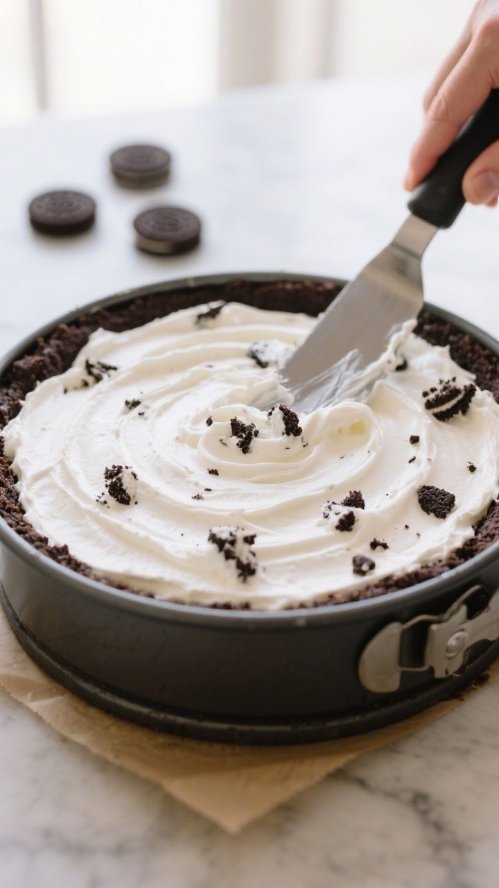 Close-up detail, process shot: No-bake Oreo cheesecake filling being smoothed into a 9-inch springfo