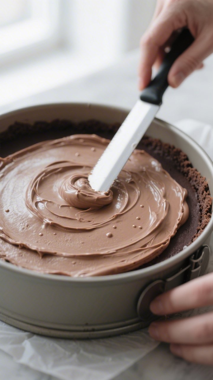 Close-up detail/process shot: No-bake triple chocolate cheesecake mid-assembly in a 9-inch springfor
