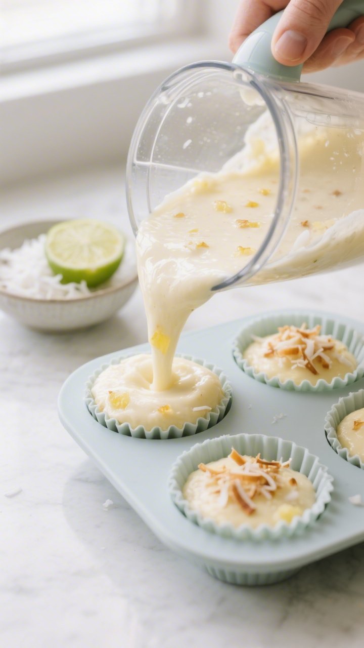 Close-up detail/process shot: Silky pineapple-coconut mixture being poured from a blender into a sil