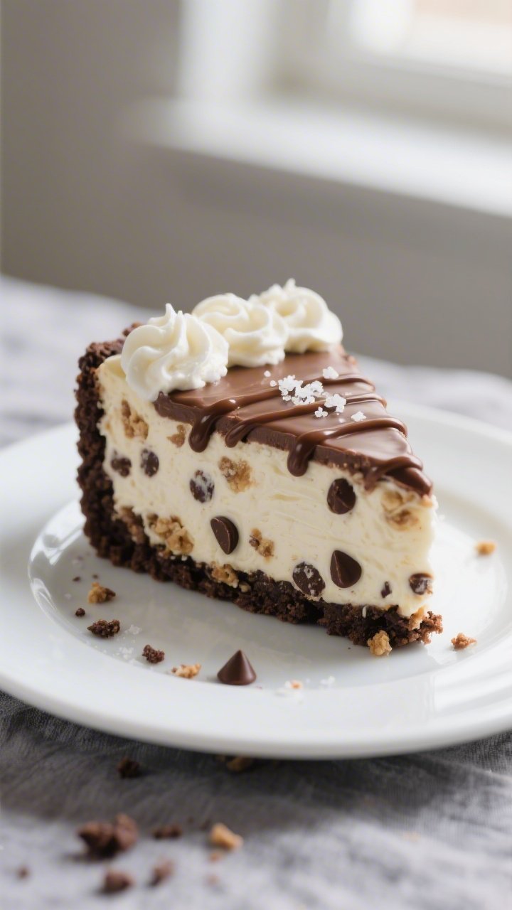 Close-up detail shot: A clean slice of No Bake Chocolate Chip Crunch Cheesecake just lifted from the