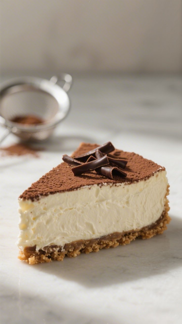 Close-up detail shot: A clean slice of no-bake tiramisu cheesecake just after release from the sprin