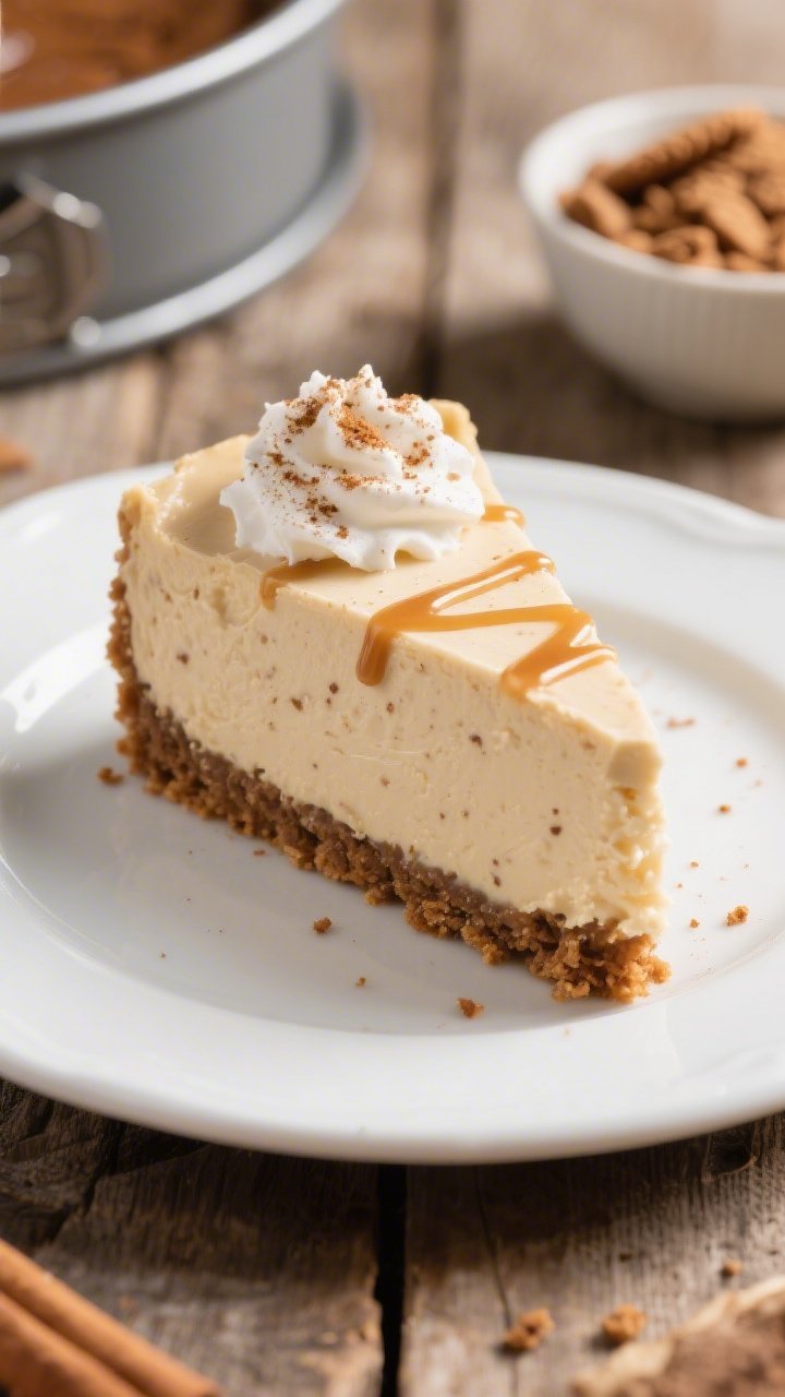 Close-up detail shot: A creamy slice of no bake gingerbread cheesecake just released from a springfo