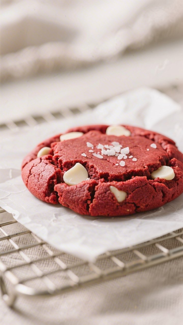 Close-up detail shot: A freshly baked keto red velvet cookie just cooled on parchment, cracked surfa