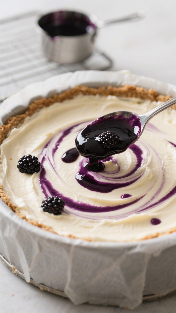 Close-up detail shot: A glossy blackberry swirl being spooned and gently marbled into a layer of cre