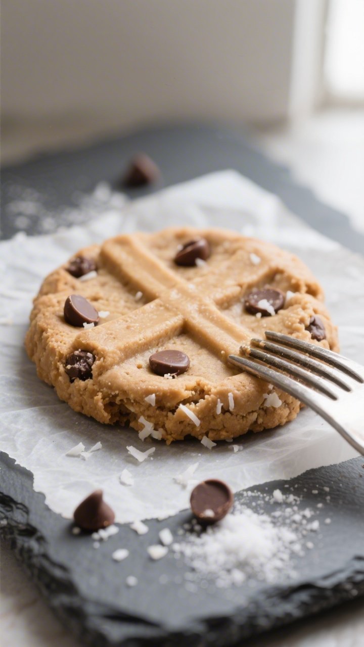 Close-up detail shot: A just-chilled keto no bake peanut butter cookie pressed with a crisp fork cri