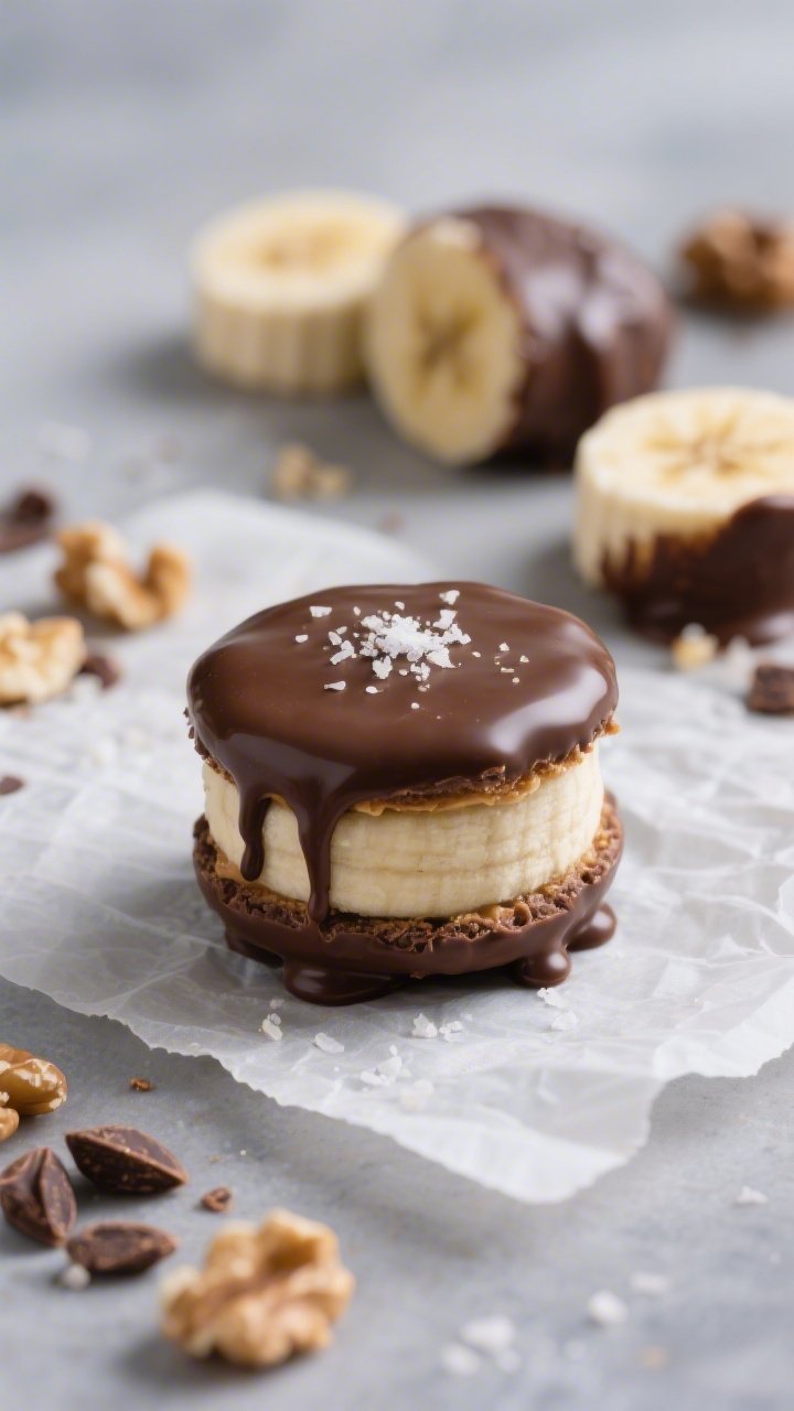 Close-up detail shot: A just-dipped frozen banana “sandwich” bite (two 1/2-inch banana rounds wi