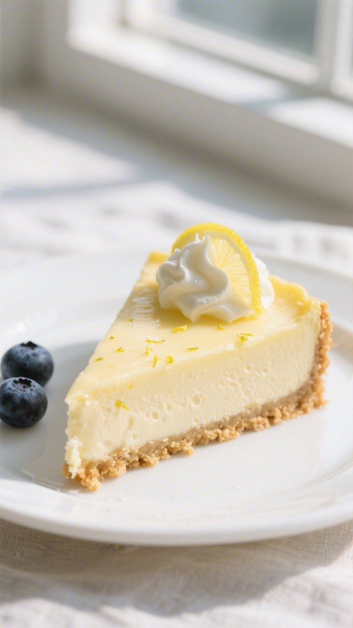 Close-up detail shot: A slice of no bake lemon cheesecake just after the springform is released, ult