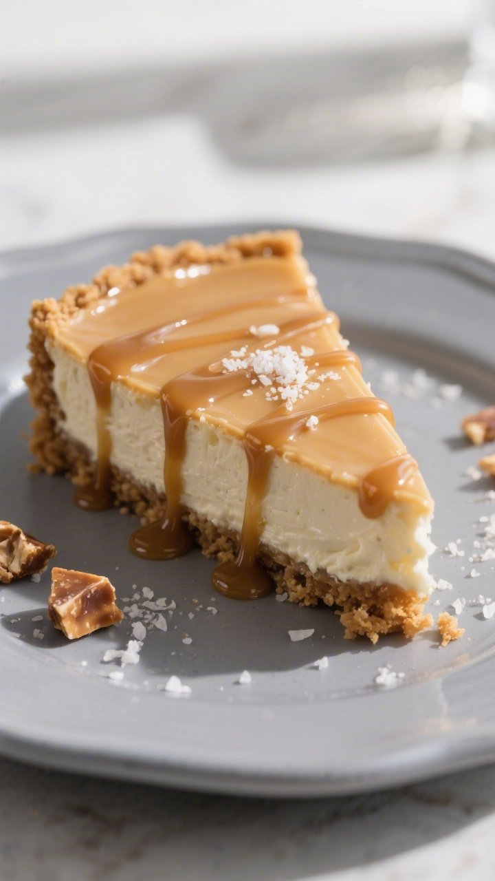 Close-up detail shot: A slice of no-bake salted caramel cheesecake just after unmolding, showing the