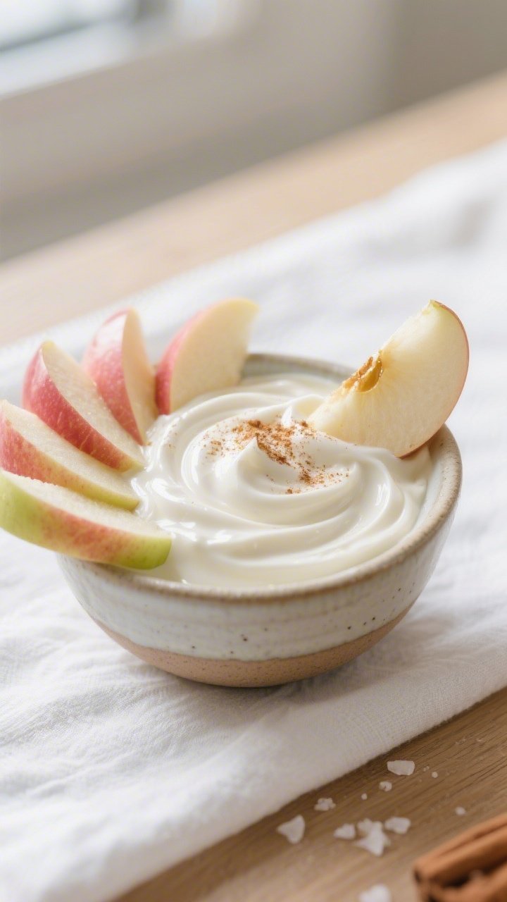 Close-up detail shot: A small ceramic bowl of creamy apple yogurt dip just whisked smooth, glossy an