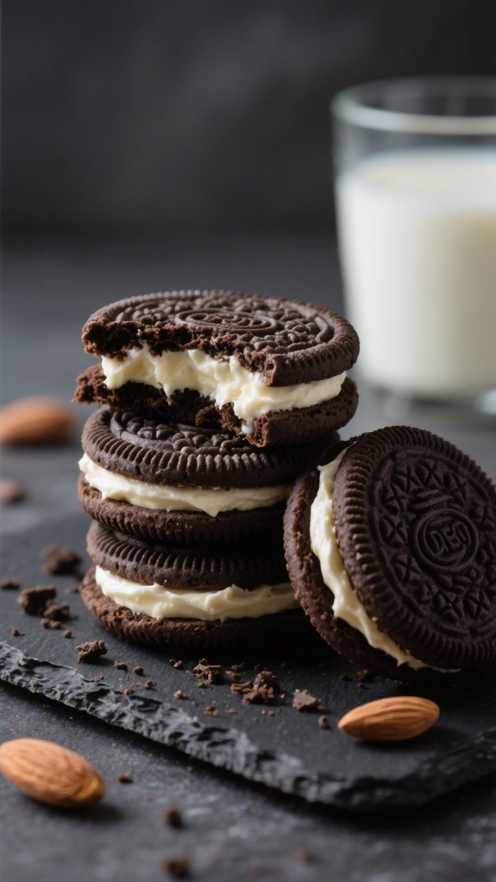 Close-up detail shot: A stack of finished keto Oreo-style sandwich cookies with a crisp, dark Dutch-