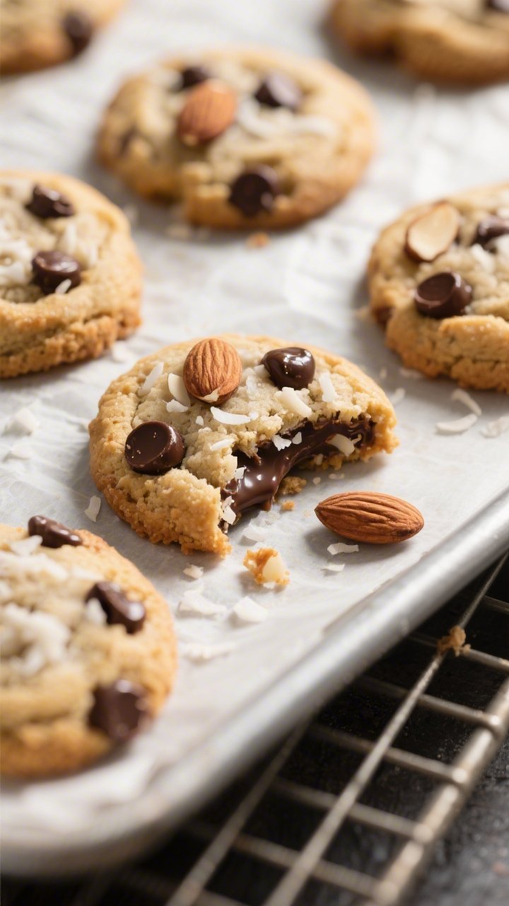 Close-up detail shot: A tray of freshly baked keto Almond Joy cookies cooling on parchment, edges li