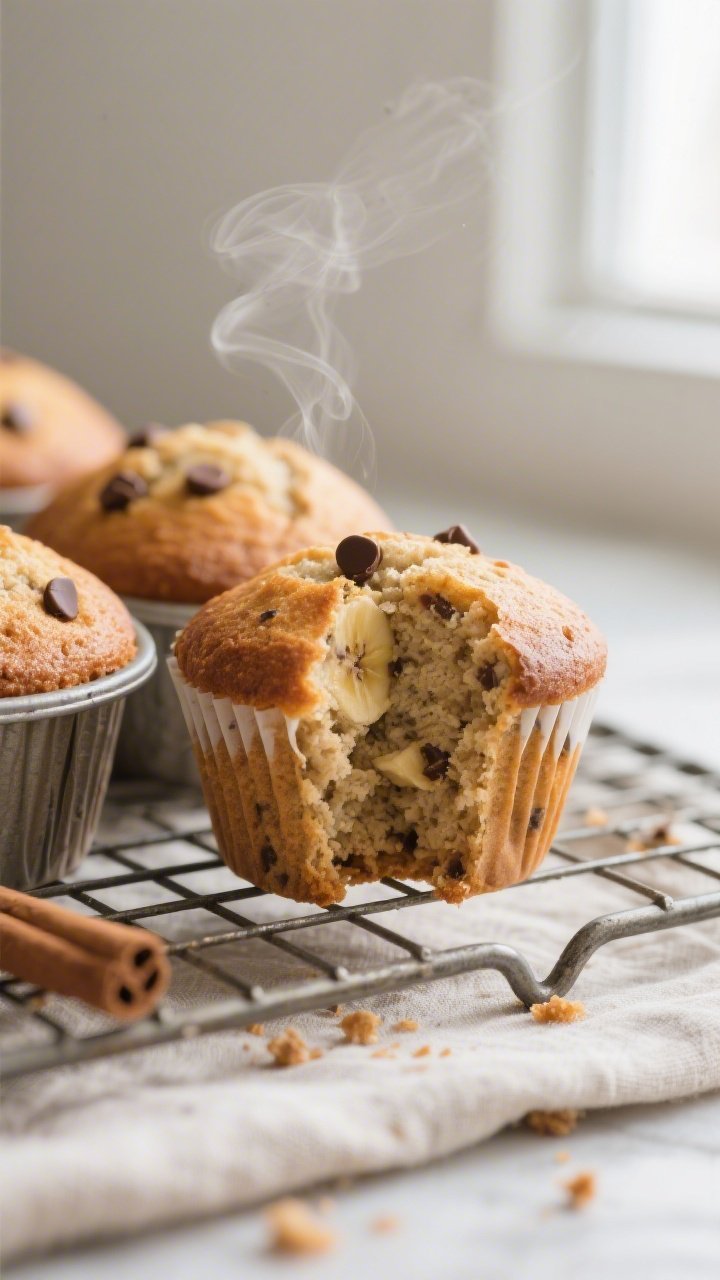 Close-up detail shot: freshly baked banana muffins just out of the tin, domed tops with a golden-bro
